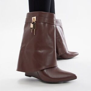 Fashion Nova Chocolate Ankle Booties with Gold Accent